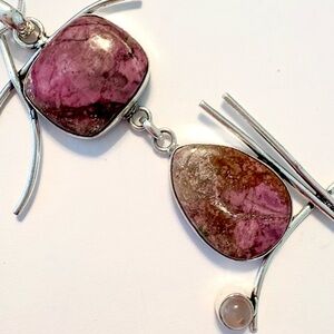 3 inch, 2 dangling, Cobalt Calcite and a Rose Quartz pendant on a silver chain.
